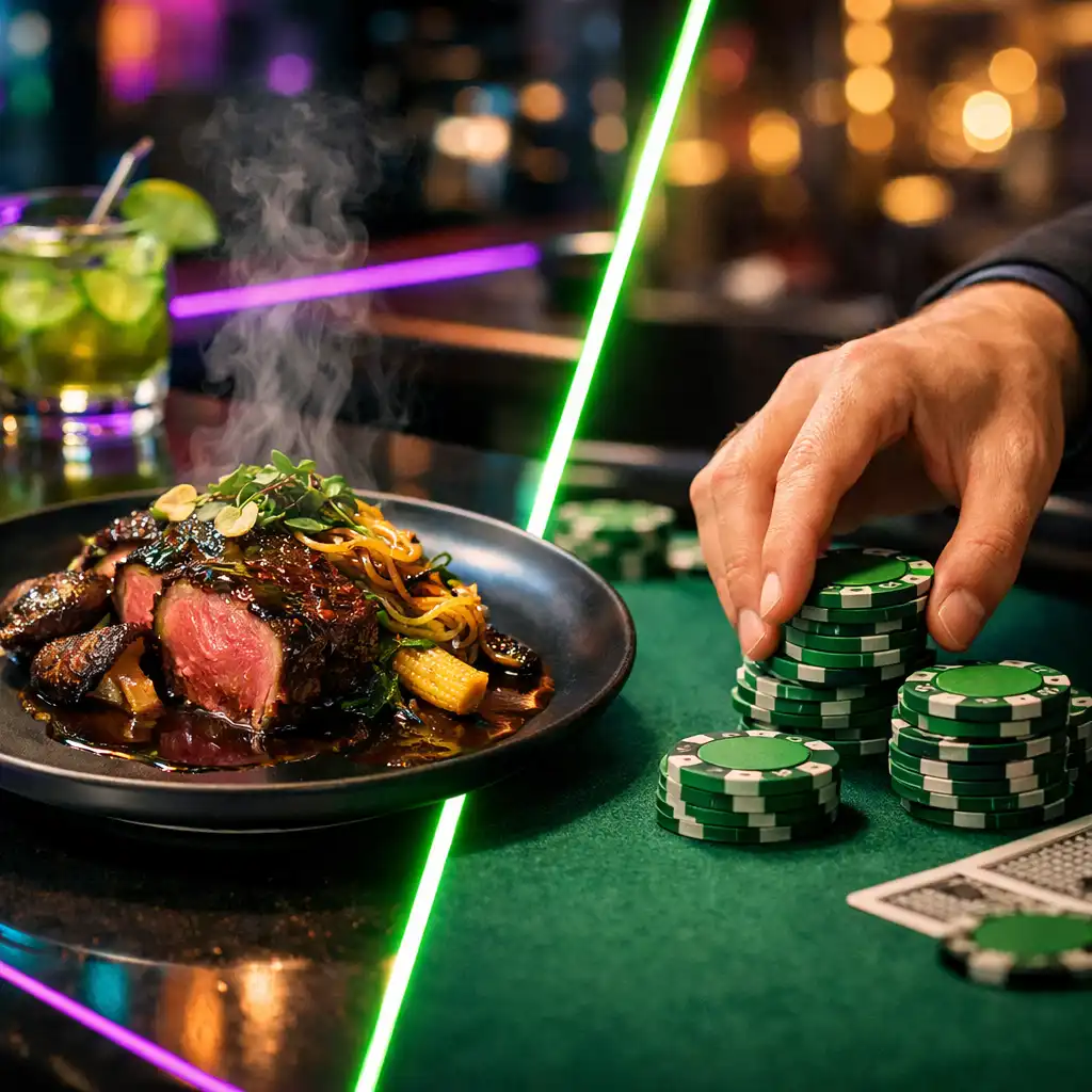 CityEventPlace étterem neonfényes, cyber-chic enteriőrrel és elegáns asztalokkal
