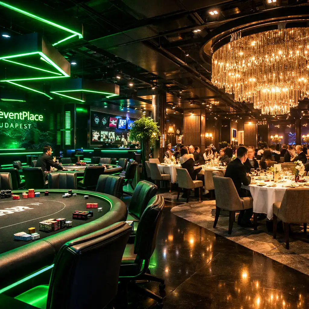 CityEventPlace neonfényes étterem és pókerterem panorámaképe Budapesten