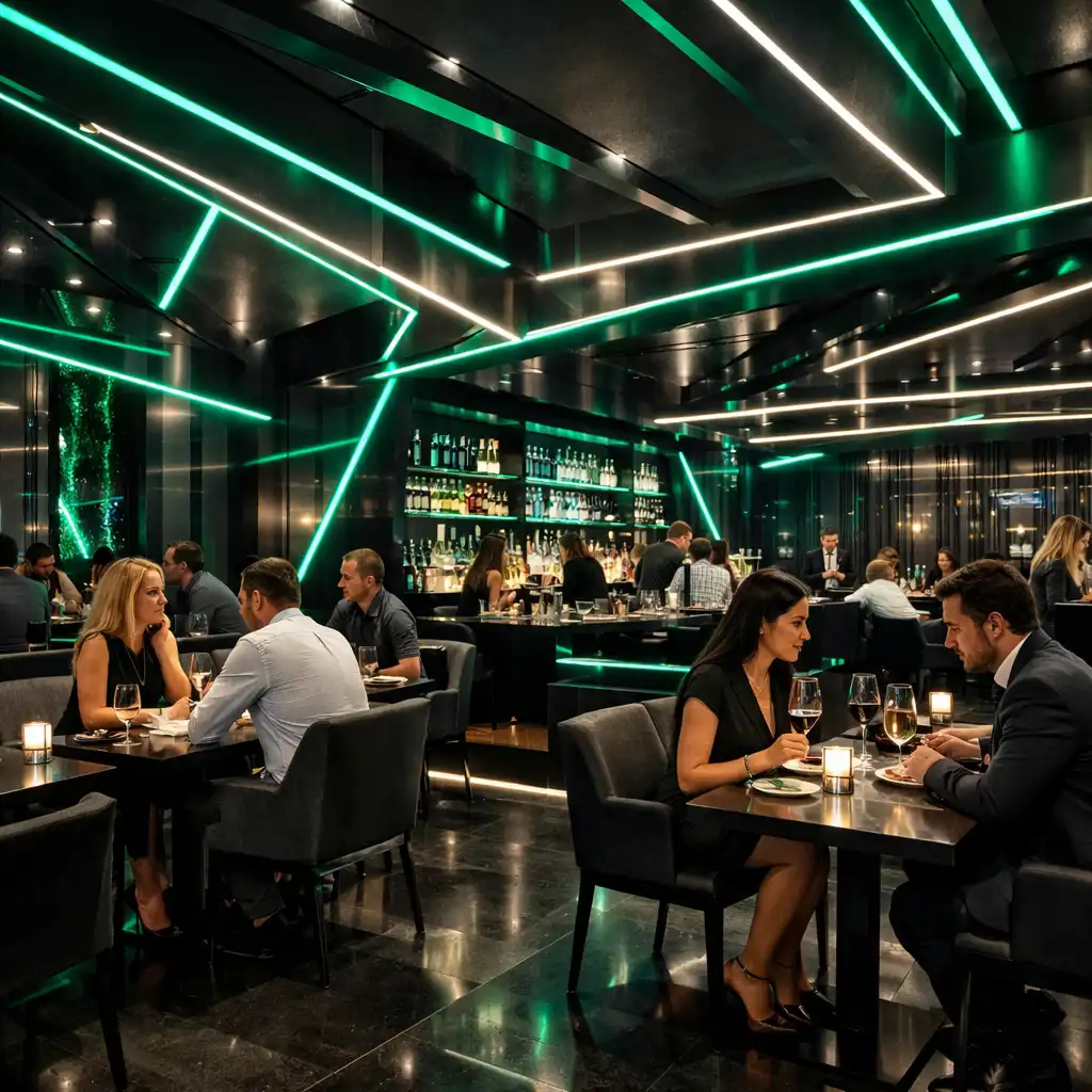CityEventPlace cyber-chic belső tér neon fényekkel és prémium éttermi hangulattal