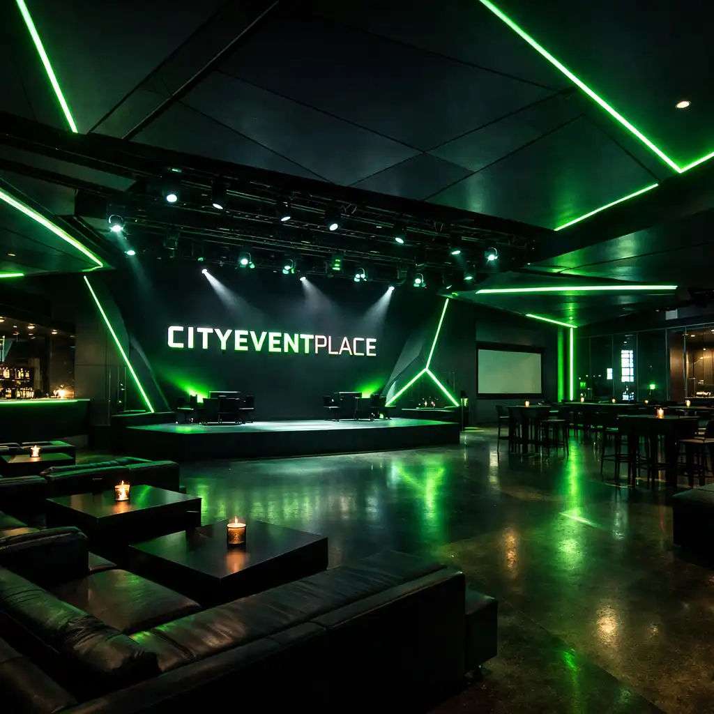 CityEventPlace belső tere neonfényes, geometrikus enteriőrrel