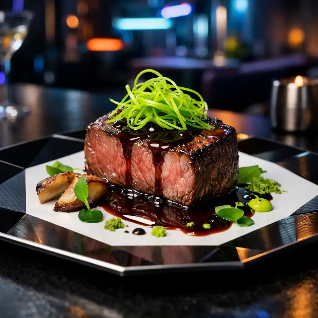 Prémium steak tálalása modern, geometrikus tányéron a CityEventPlace éttermében